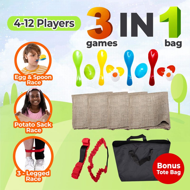 Shop Square Outdoor Field Day Games, Potato Sack Race Bags for Kids and Adults, Egg and Spoon Race, 3 Legged Race Bands - with Storage Bag - Image 2